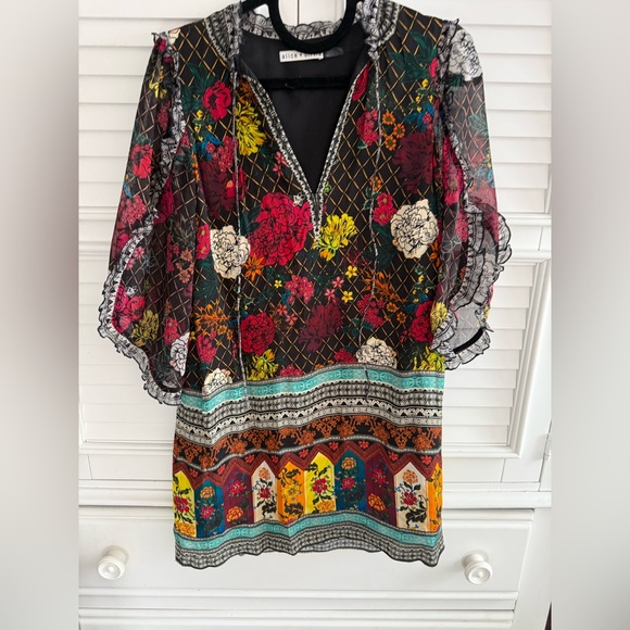 Alice + Olivia Julius Mona Ruffle Sleeve Mini Dress XS Boho Floral Shift - Picture 3 of 13
